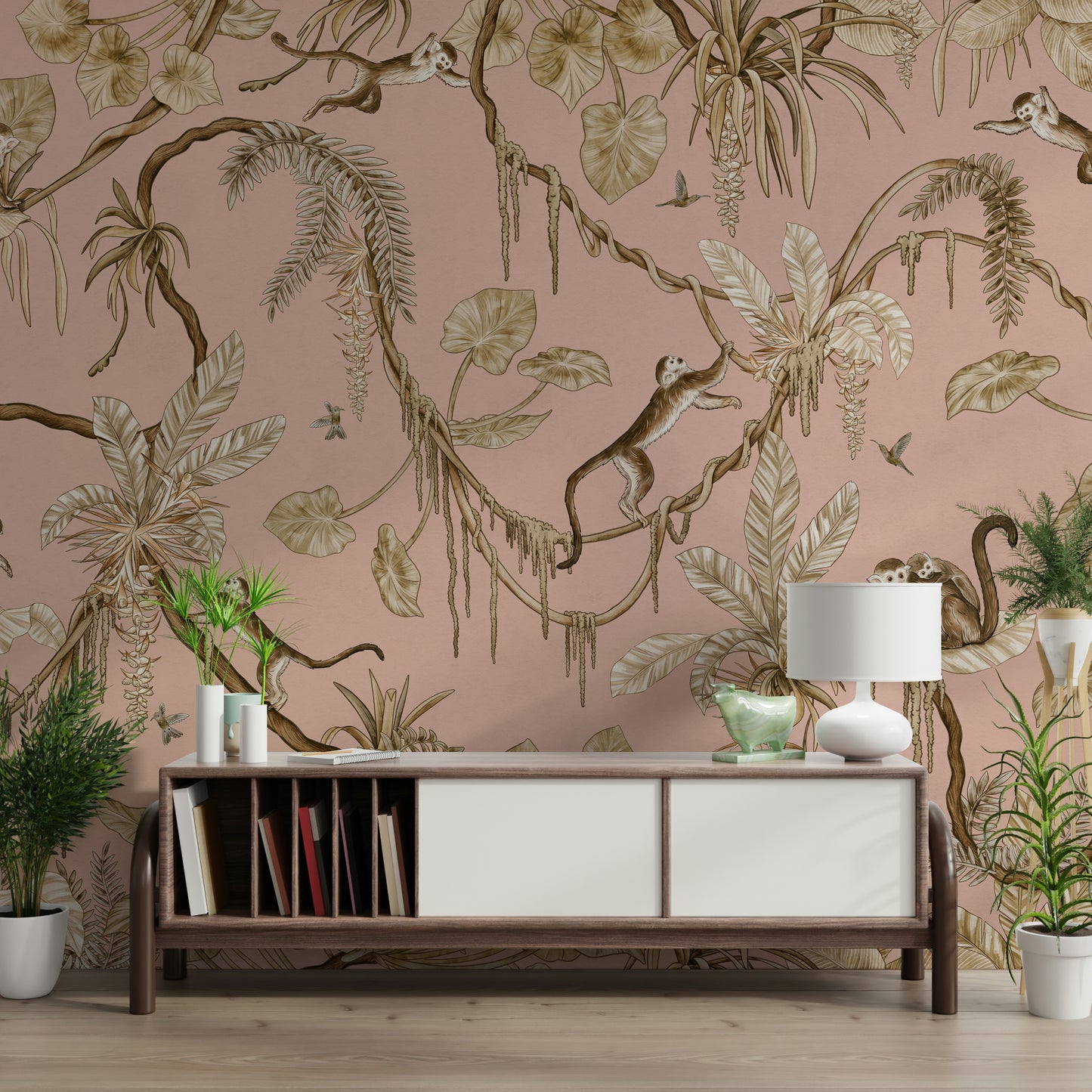 Sunlit bedroom interior with the beautiful Monkey Grove Blush Wall Mural.