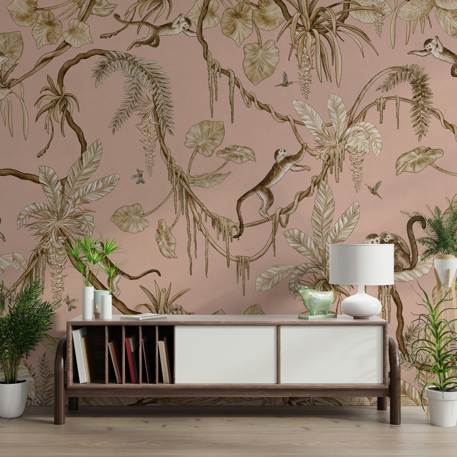 Sunlit bedroom interior with the beautiful Monkey Grove Blush Wall Mural.