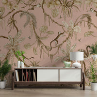 Sunlit bedroom interior with the beautiful Monkey Grove Blush Wall Mural.