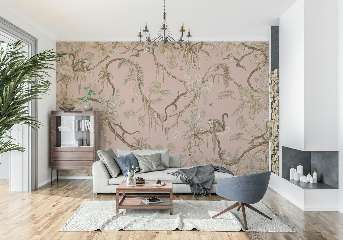 Pattern detail of a primate among flowers in the Monkey Grove Blush Wall Mural.