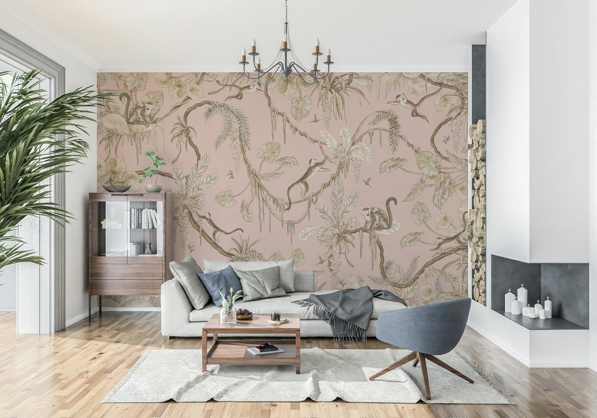 Pattern detail of a primate among flowers in the Monkey Grove Blush Wall Mural.