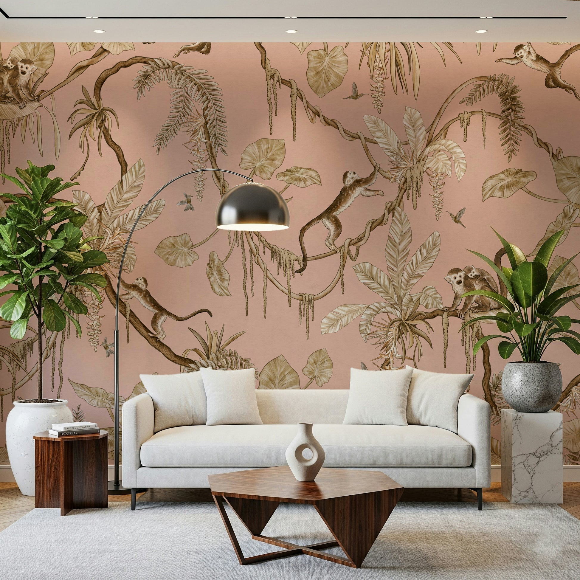 Monkey Grove Blush Wall Mural in a sophisticated, pink living area.