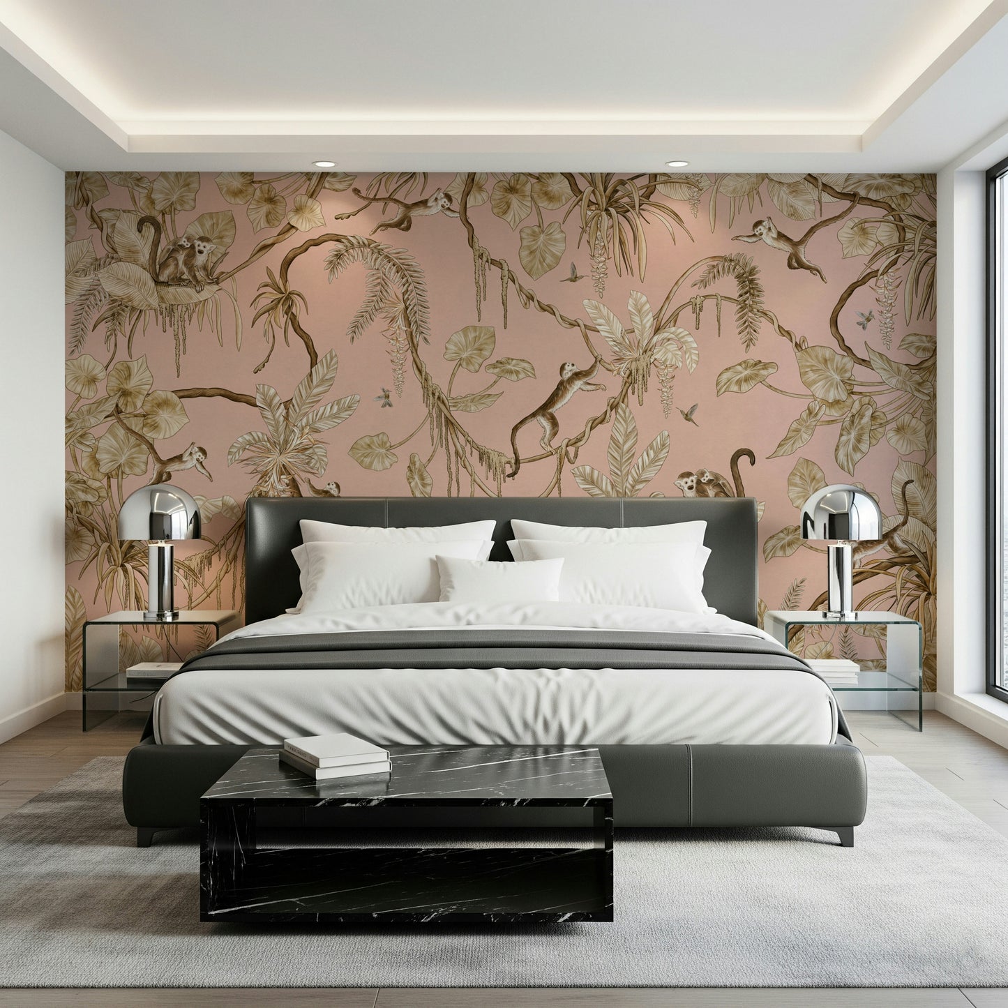 Elegant dining area decorated with the Monkey Grove Blush Wall Mural.