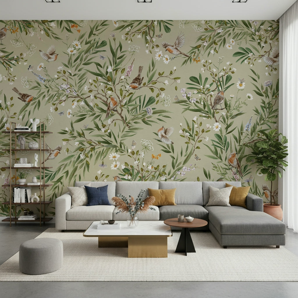 A reading nook showcasing the serene Birds & Blooms Wall Mural.
