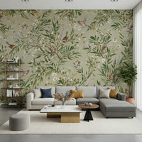 A reading nook showcasing the serene Birds & Blooms Wall Mural.