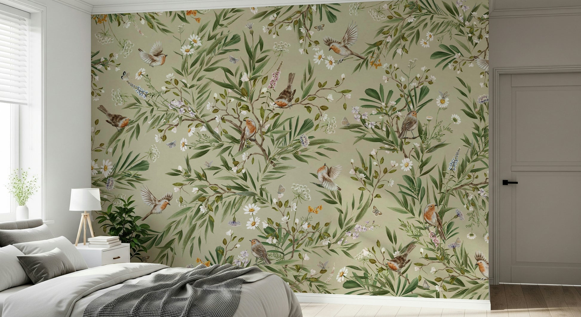 Artistic render of the complete Birds & Blooms Wall Mural pattern.