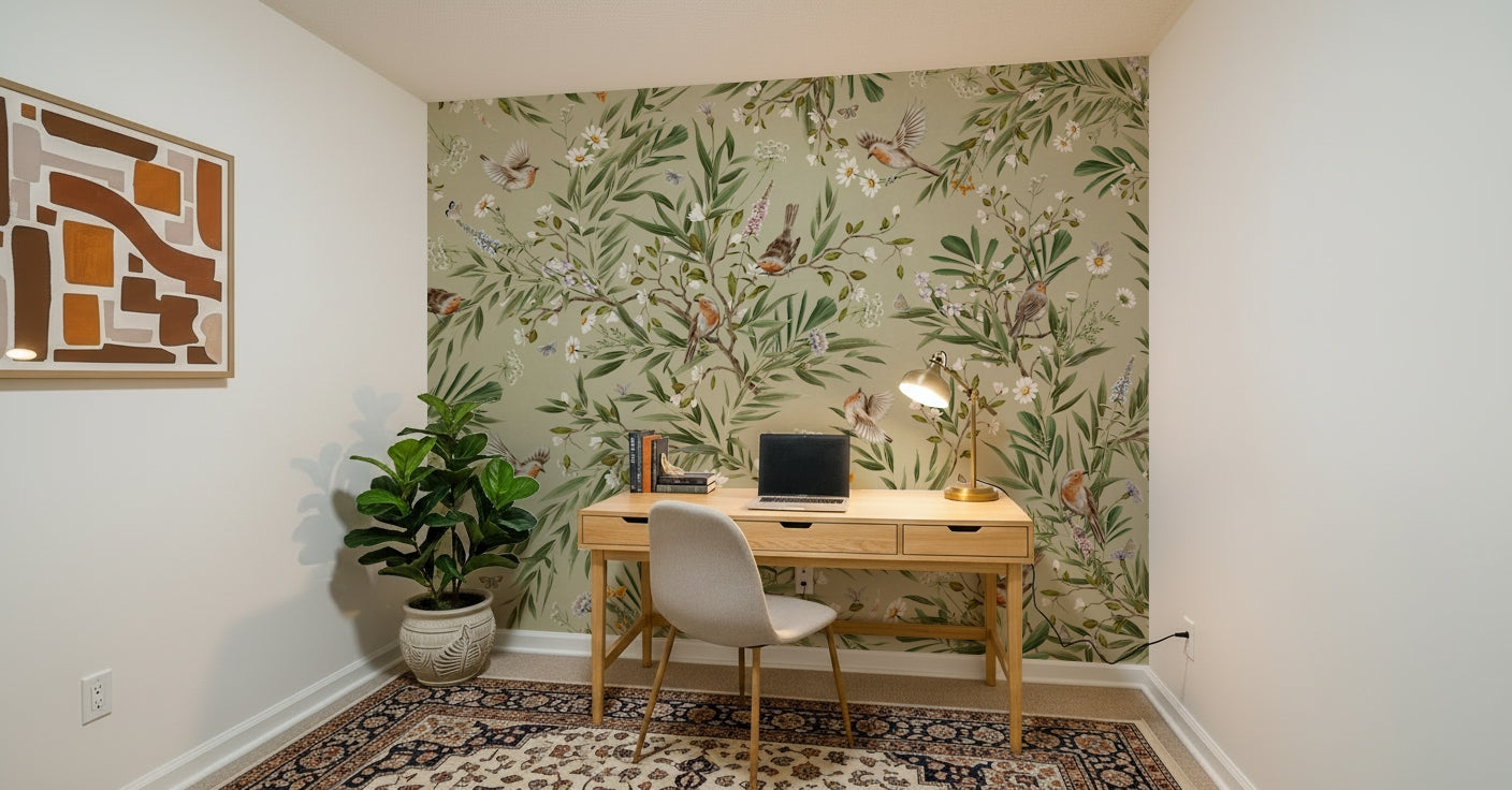 Lush botanical scene featured in the Birds & Blooms Wall Mural.