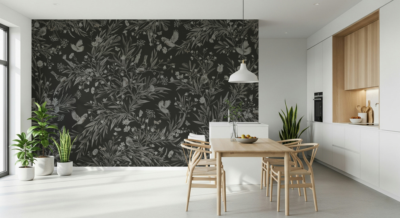Nocturnal Song Floral & Birds Wall Mural in an elegant study.