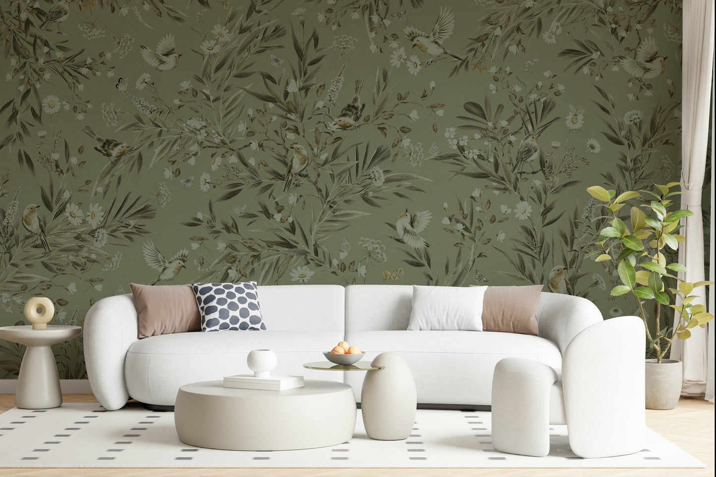 Botanica Avairy Nature Inspired Wall Mural in a chic lounge area.