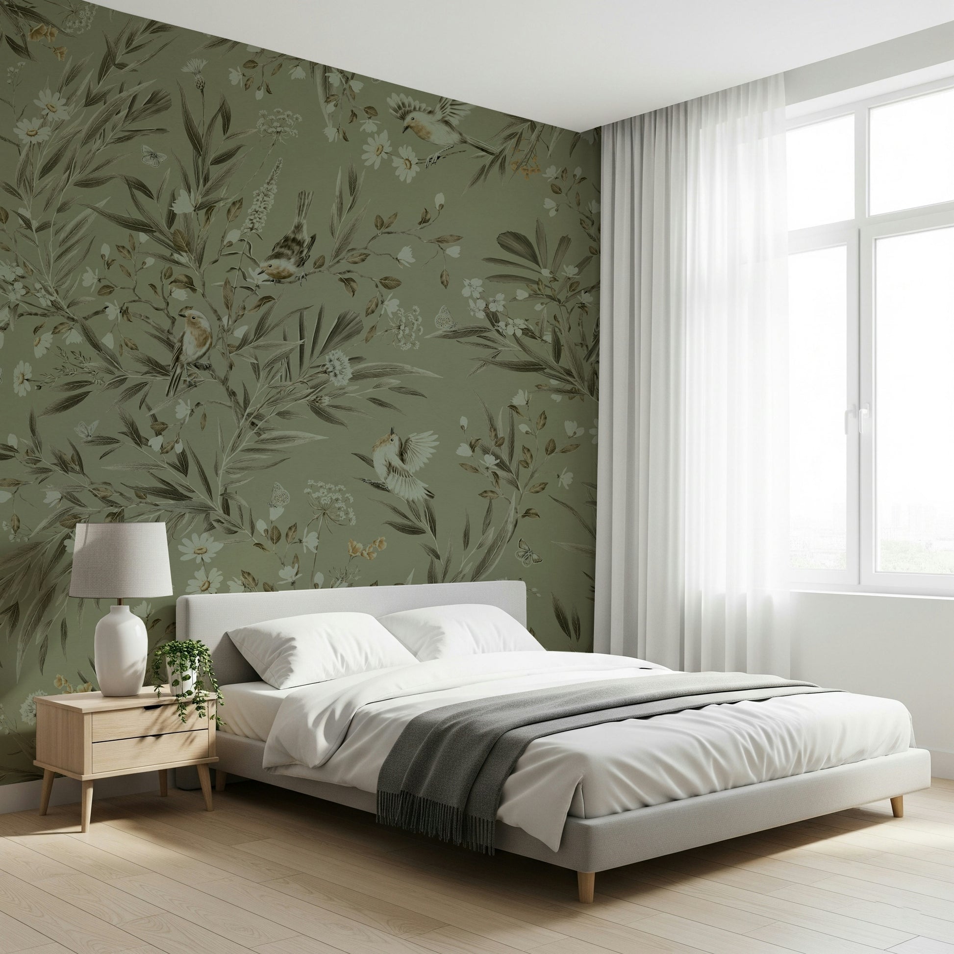 A reading nook showcasing the Botanica Avairy Nature Inspired Wall Mural.