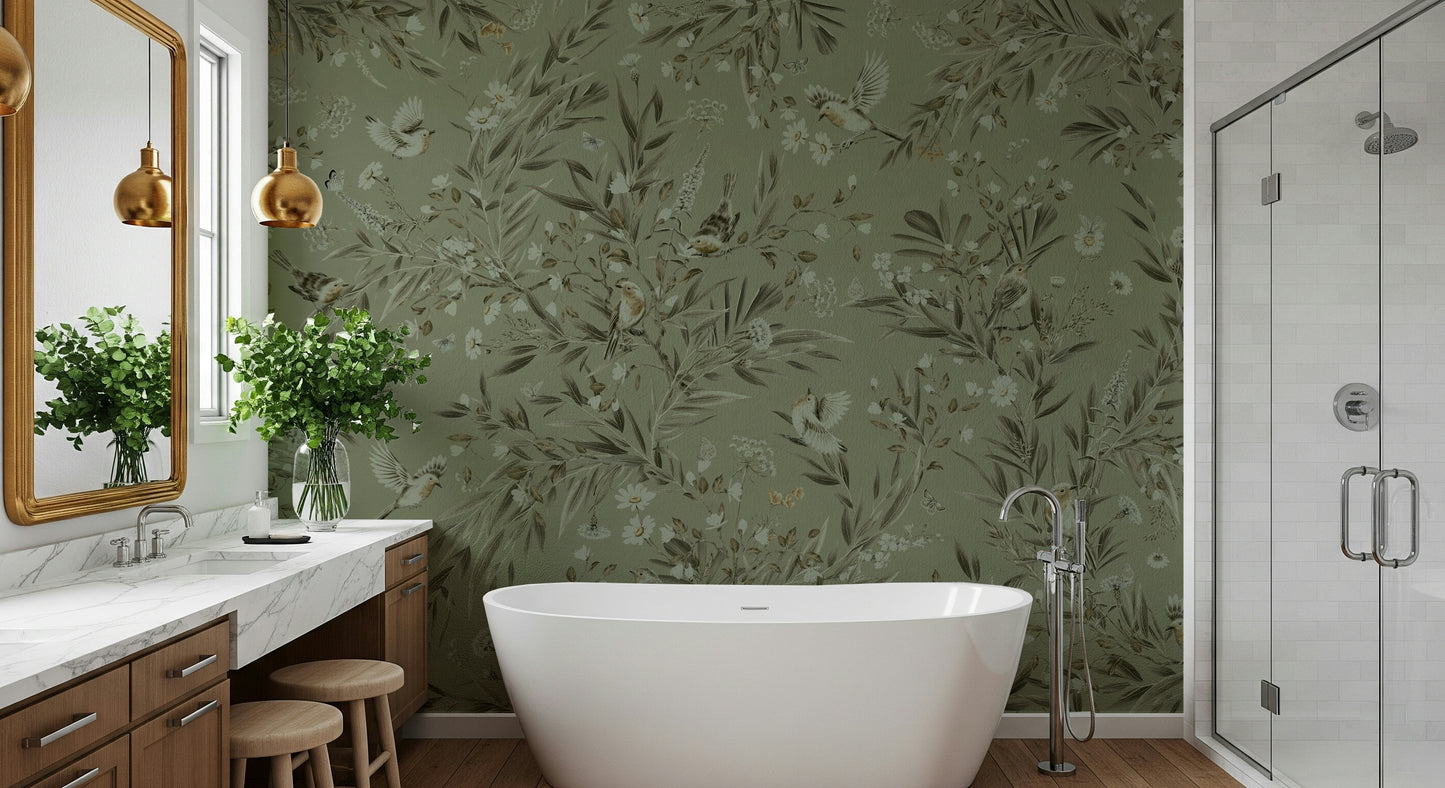 Artistic composition of the entire Botanica Avairy Nature Inspired Wall Mural.