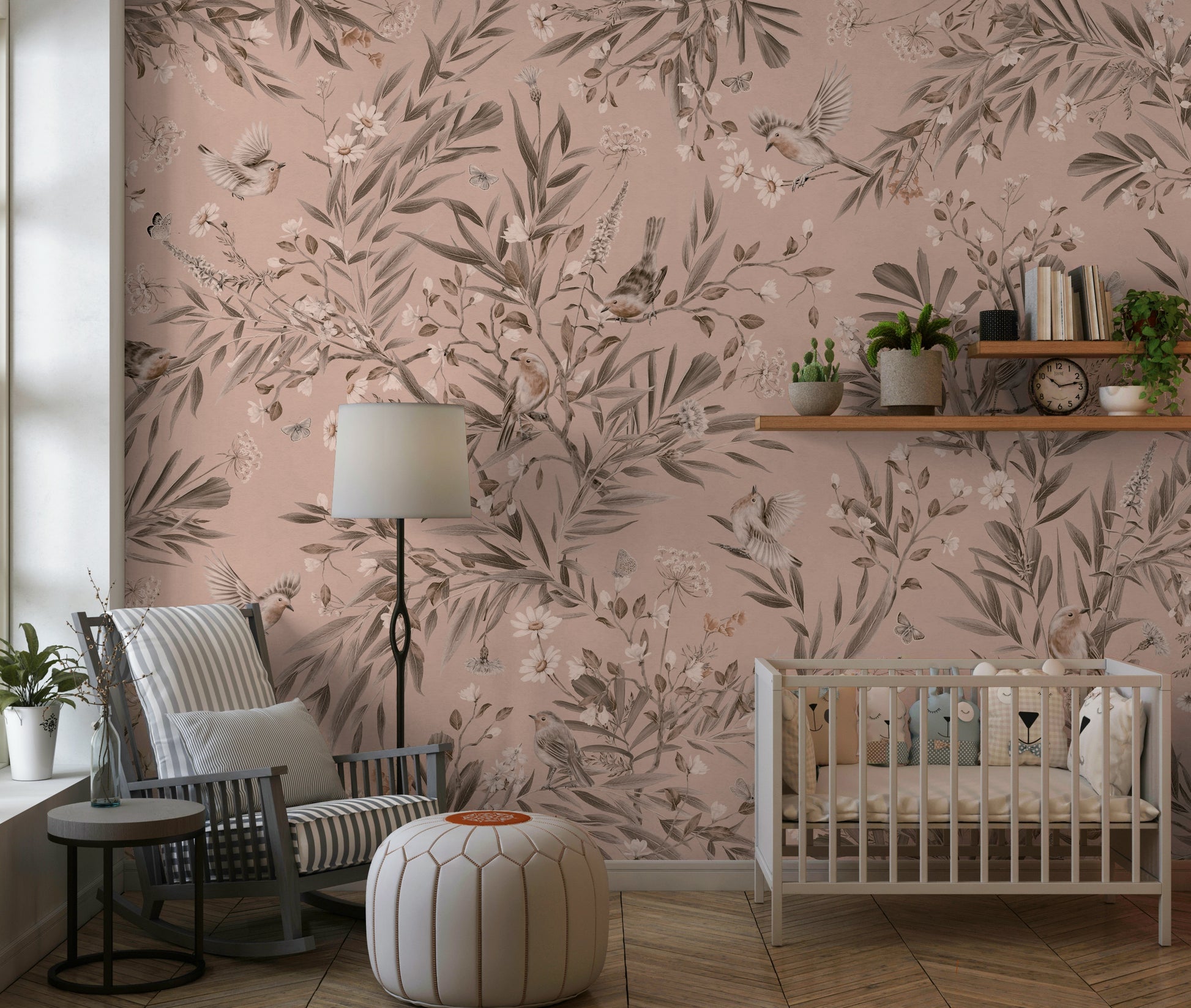 Stylish dining room featuring the Botanical Birdsong Wall Mural.