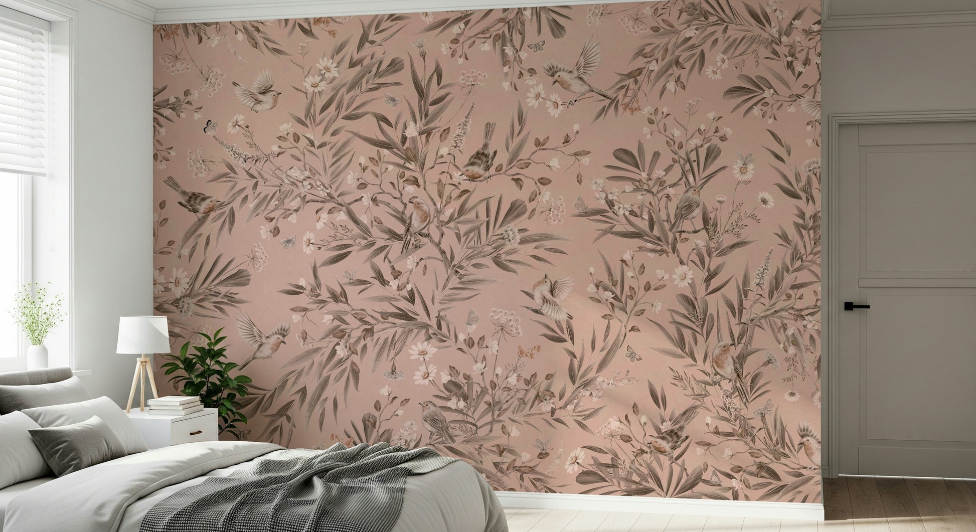 Bed headboard accent wall with the Botanical Birdsong Wall Mural.