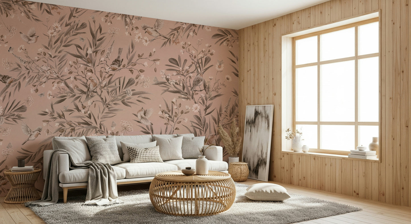 Artistic render of the complete Botanical Birdsong Wall Mural.