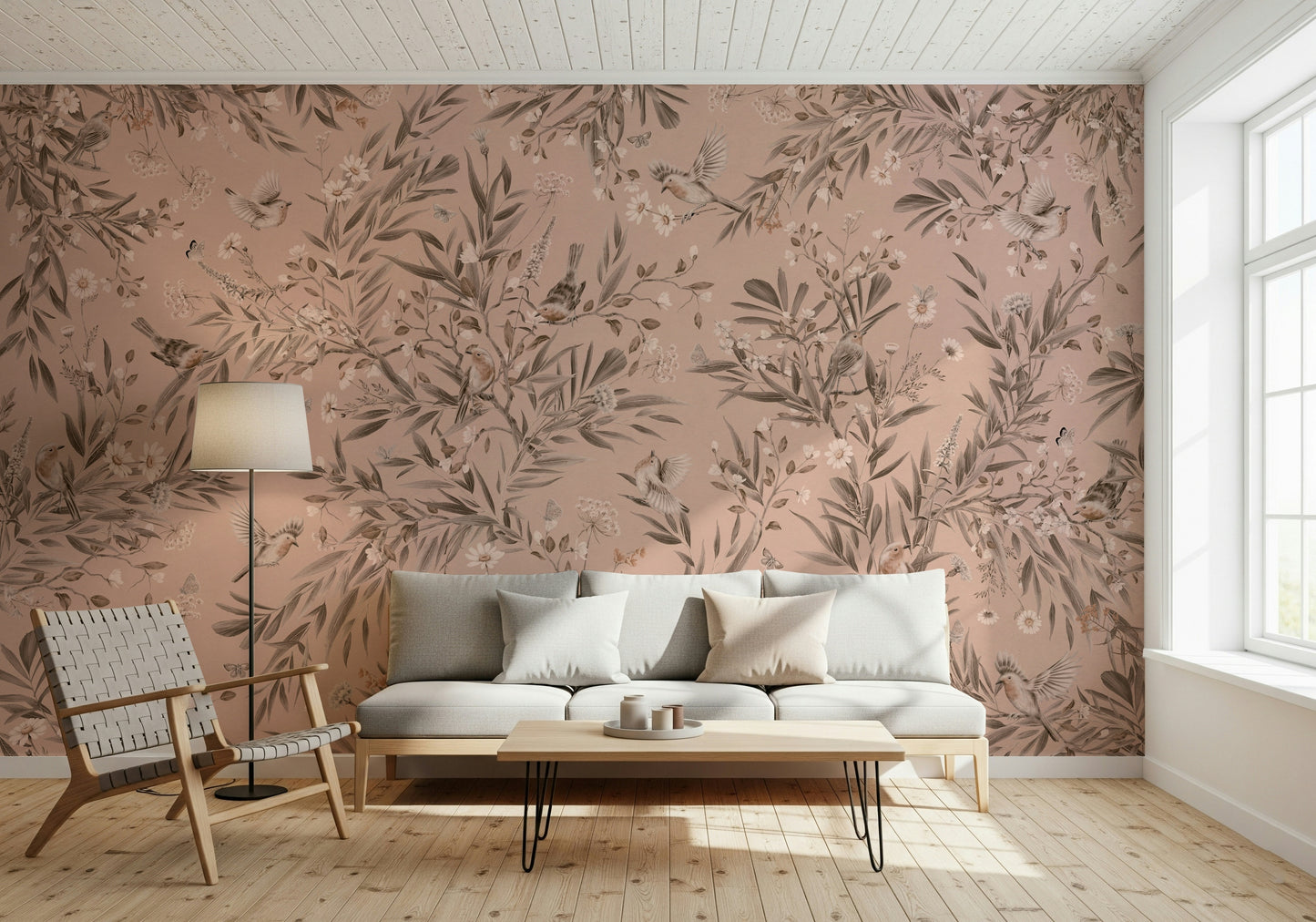 Intricate foliage pattern on the Botanical Birdsong Wall Mural.