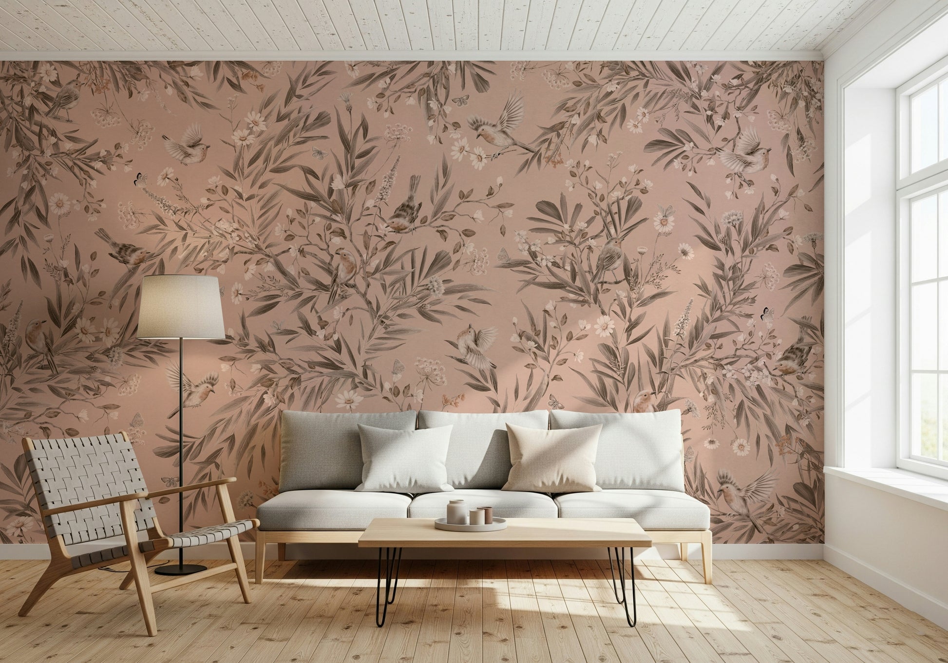 Intricate foliage pattern on the Botanical Birdsong Wall Mural.