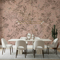 Botanical Birdsong Wall Mural in a grand living room space.