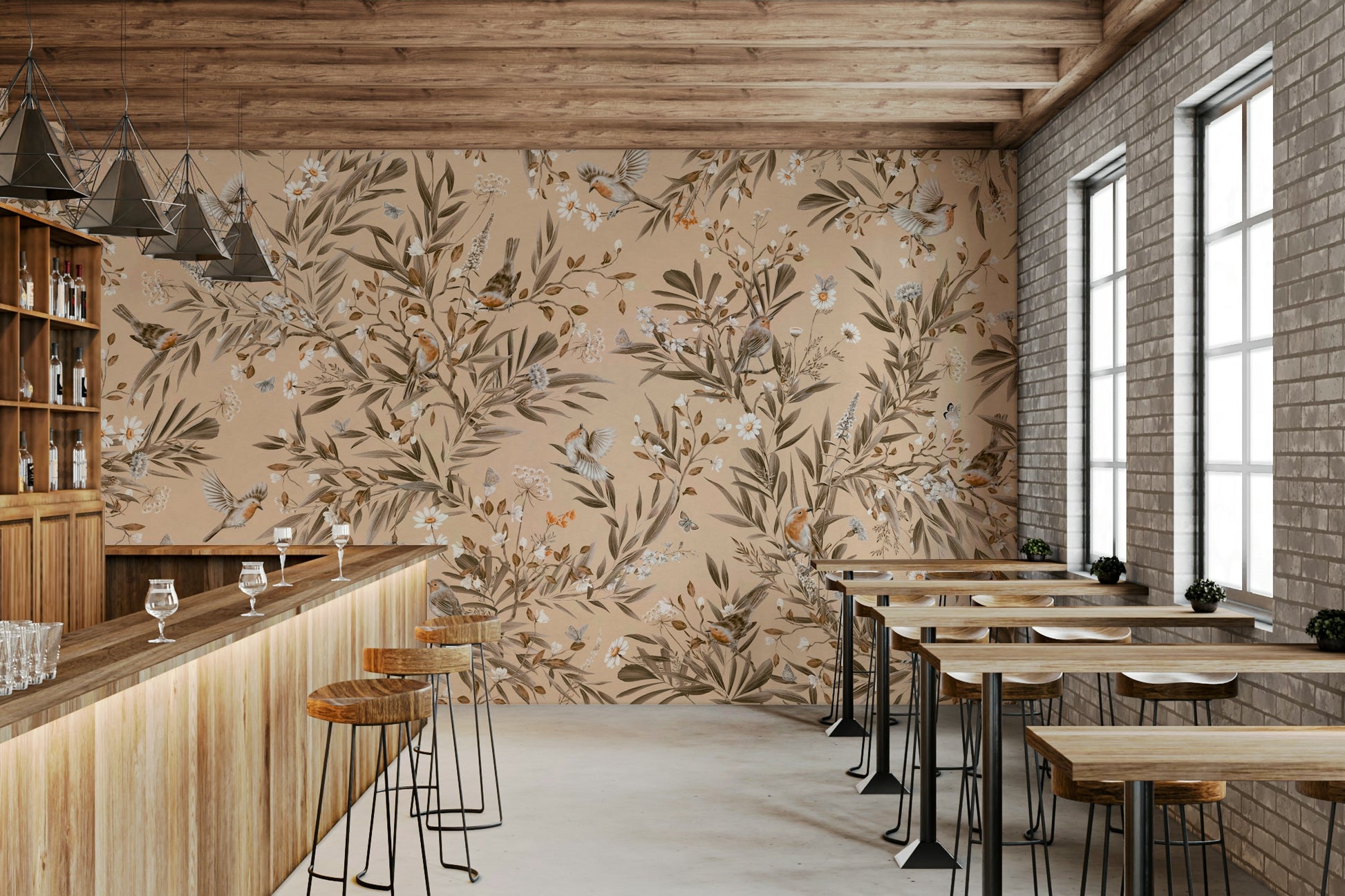 Wide room perspective featuring the calming Botanical Birdsong Wall Mural.