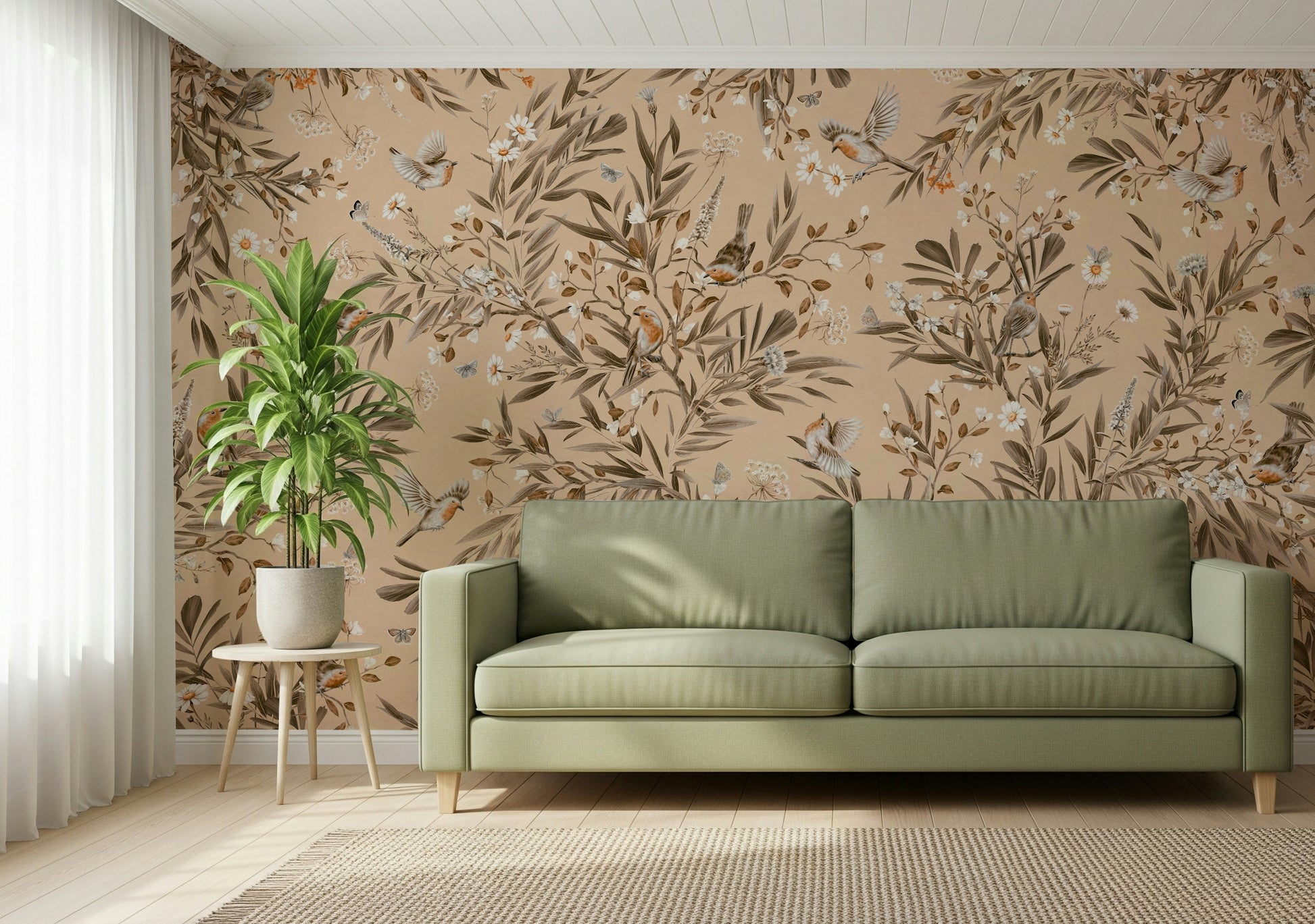 Detailed songbird and foliage print on the Botanical Birdsong Wall Mural.