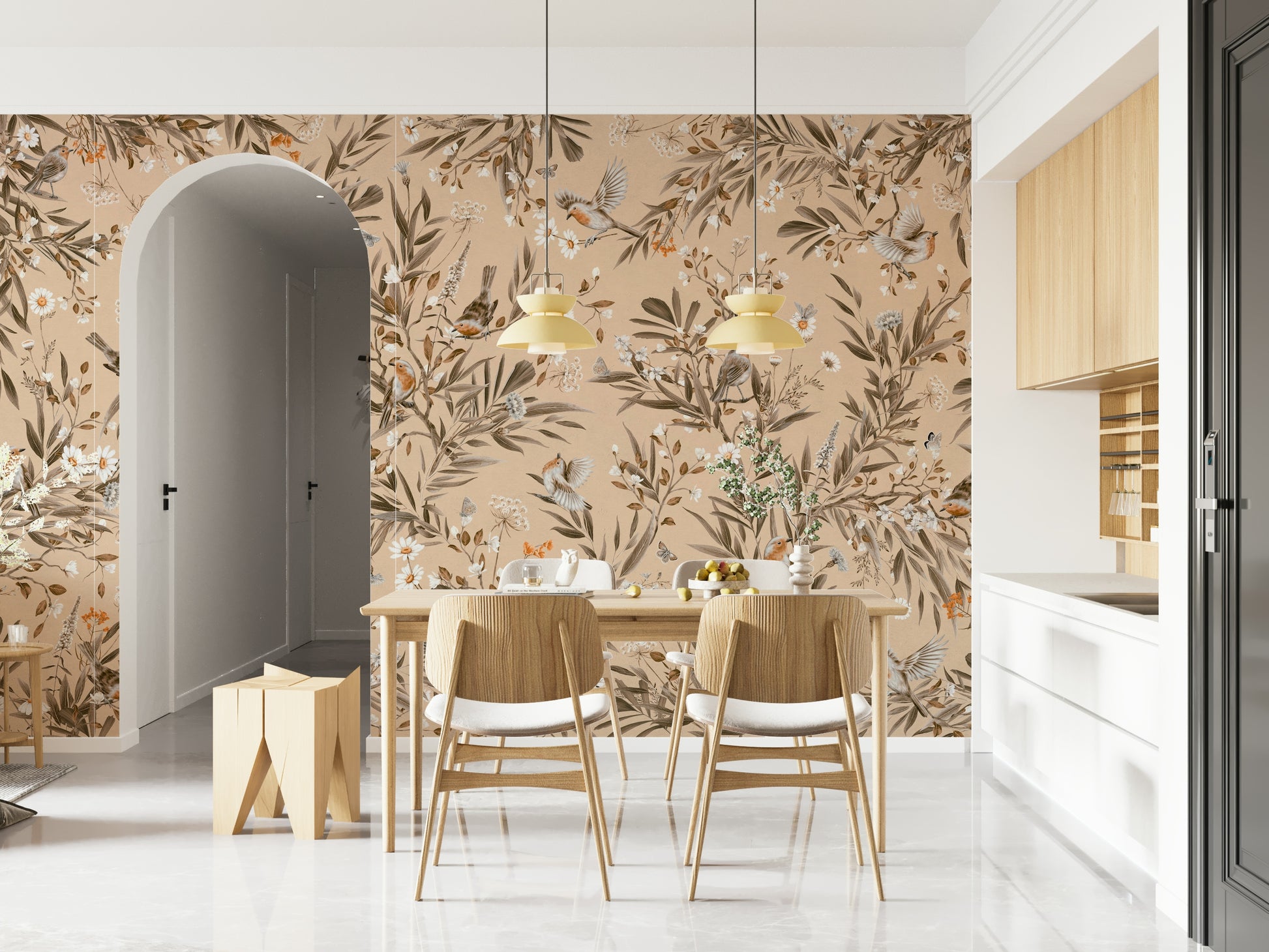 Botanical Birdsong Wall Mural in a bright, tranquil reading room.