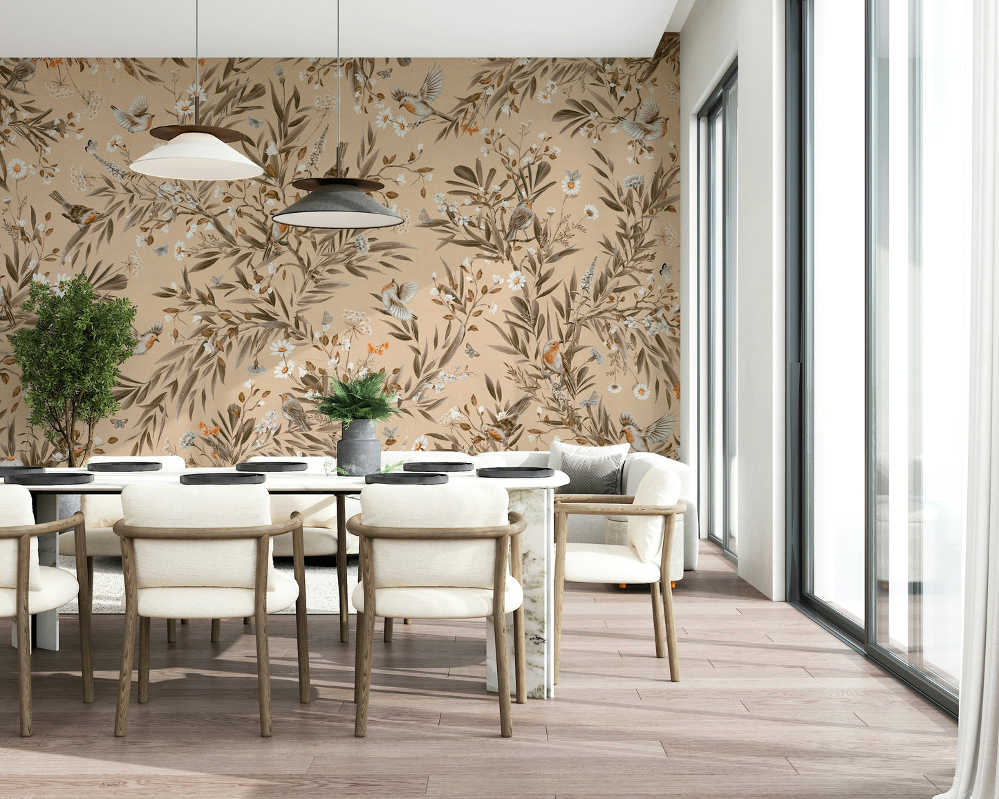 Subtle watercolor effect in the beautiful Botanical Birdsong Wall Mural design.