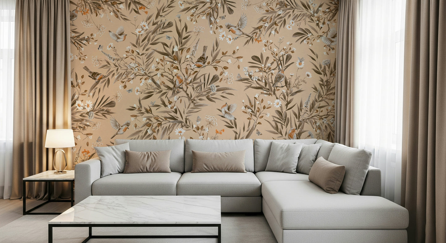 Peaceful nature scene design of the Botanical Birdsong Wall Mural for walls.
