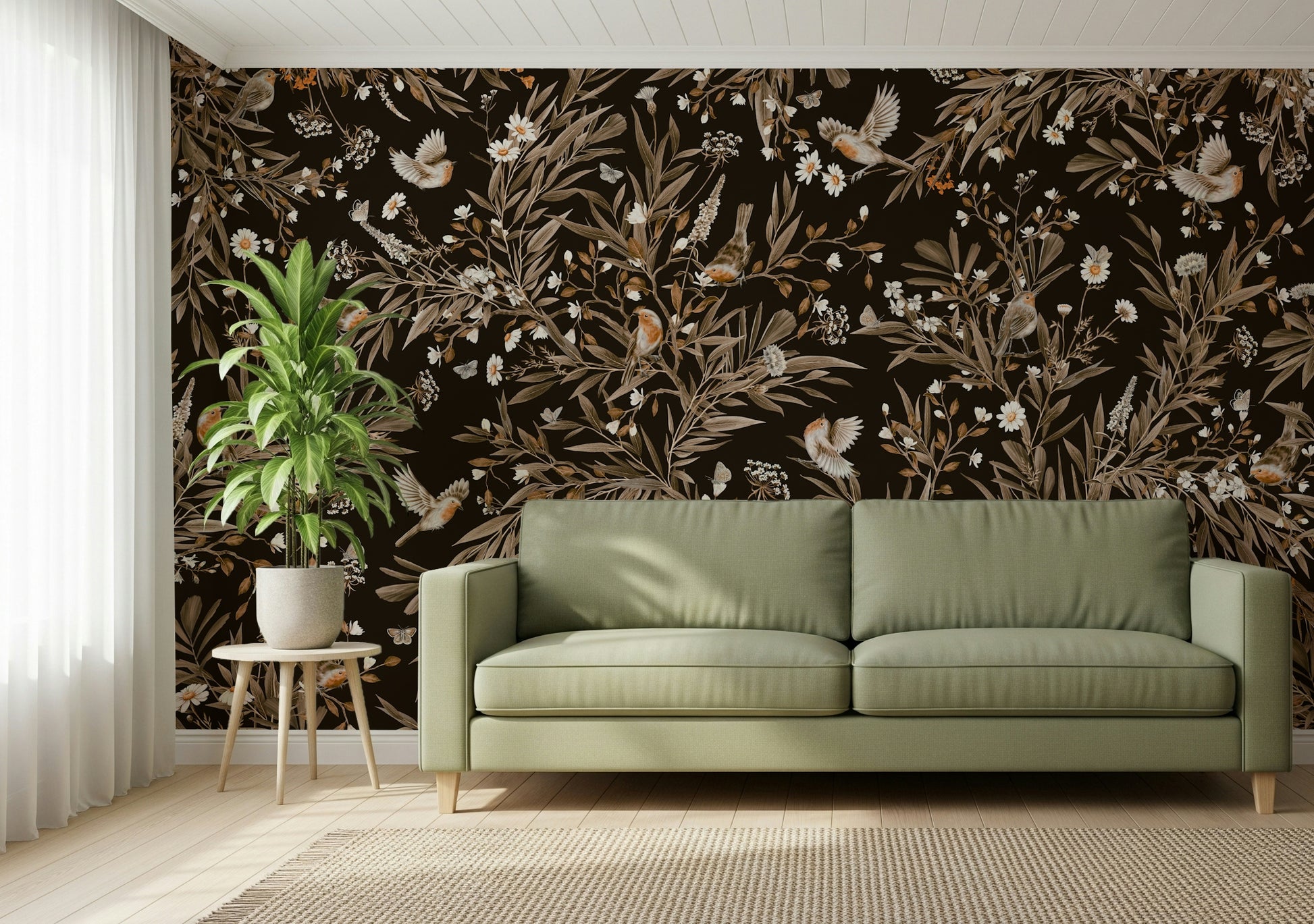 Dainty songbirds and branches on the Serene Songbirds Wall Mural.