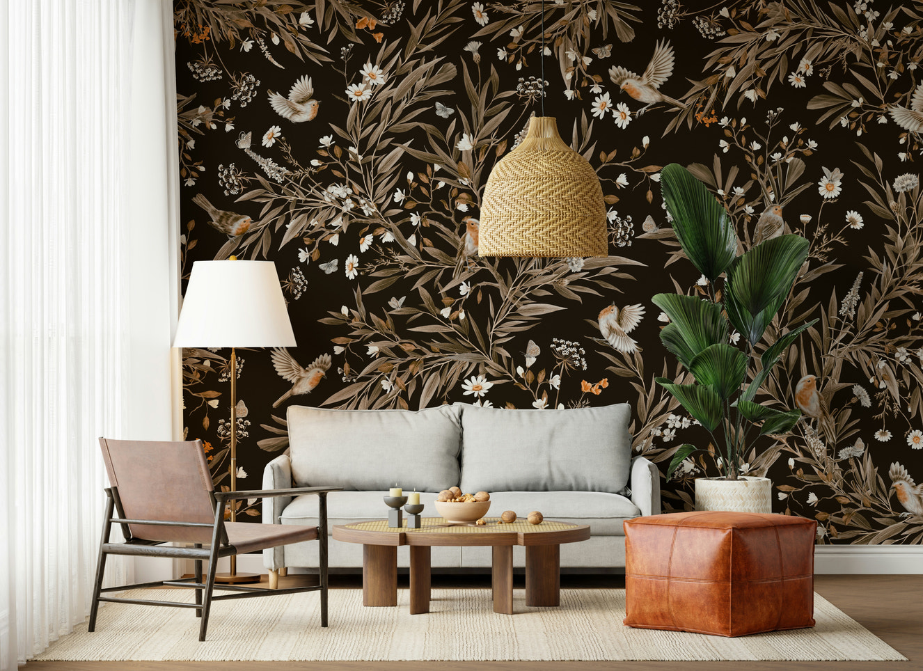 Serene Songbirds Wall Mural in a restful master bedroom.