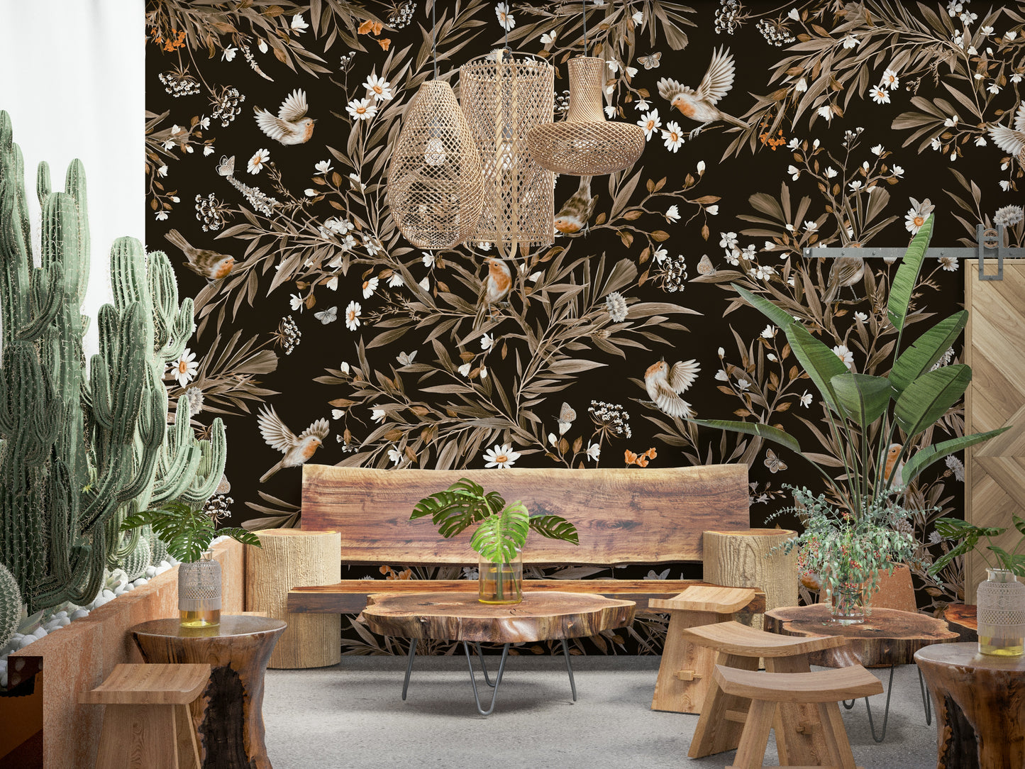 Headboard area showcasing the subtle songbird Wall Mural.