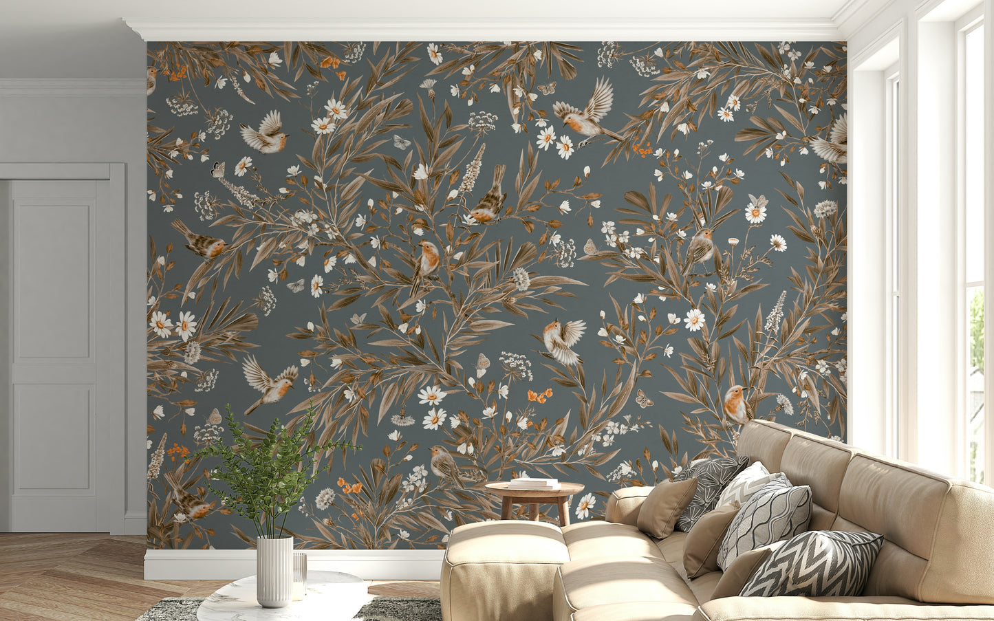 Interior space featuring the delicate Birds & Blooms Harmony Wall Mural.