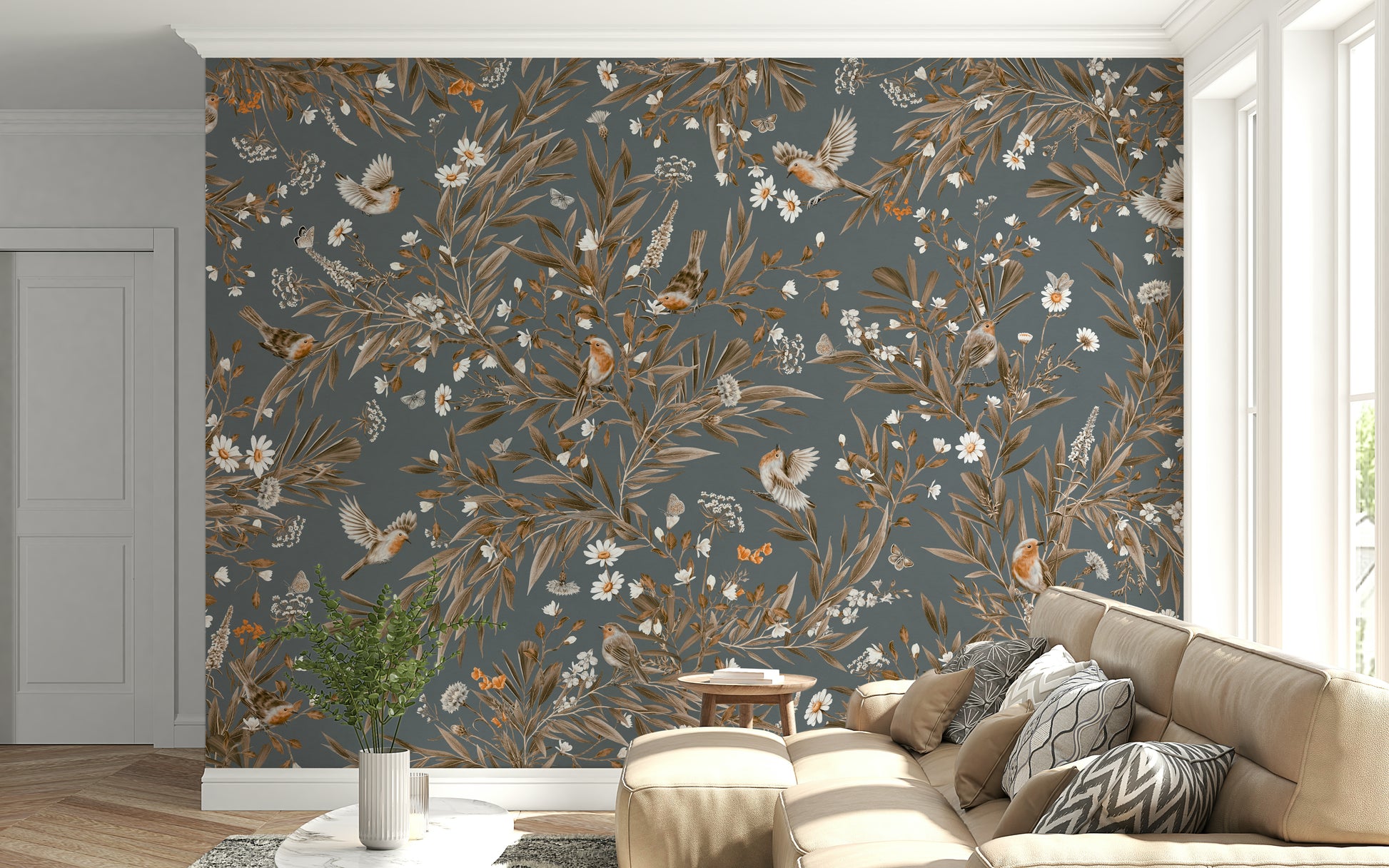 Interior space featuring the delicate Birds & Blooms Harmony Wall Mural.