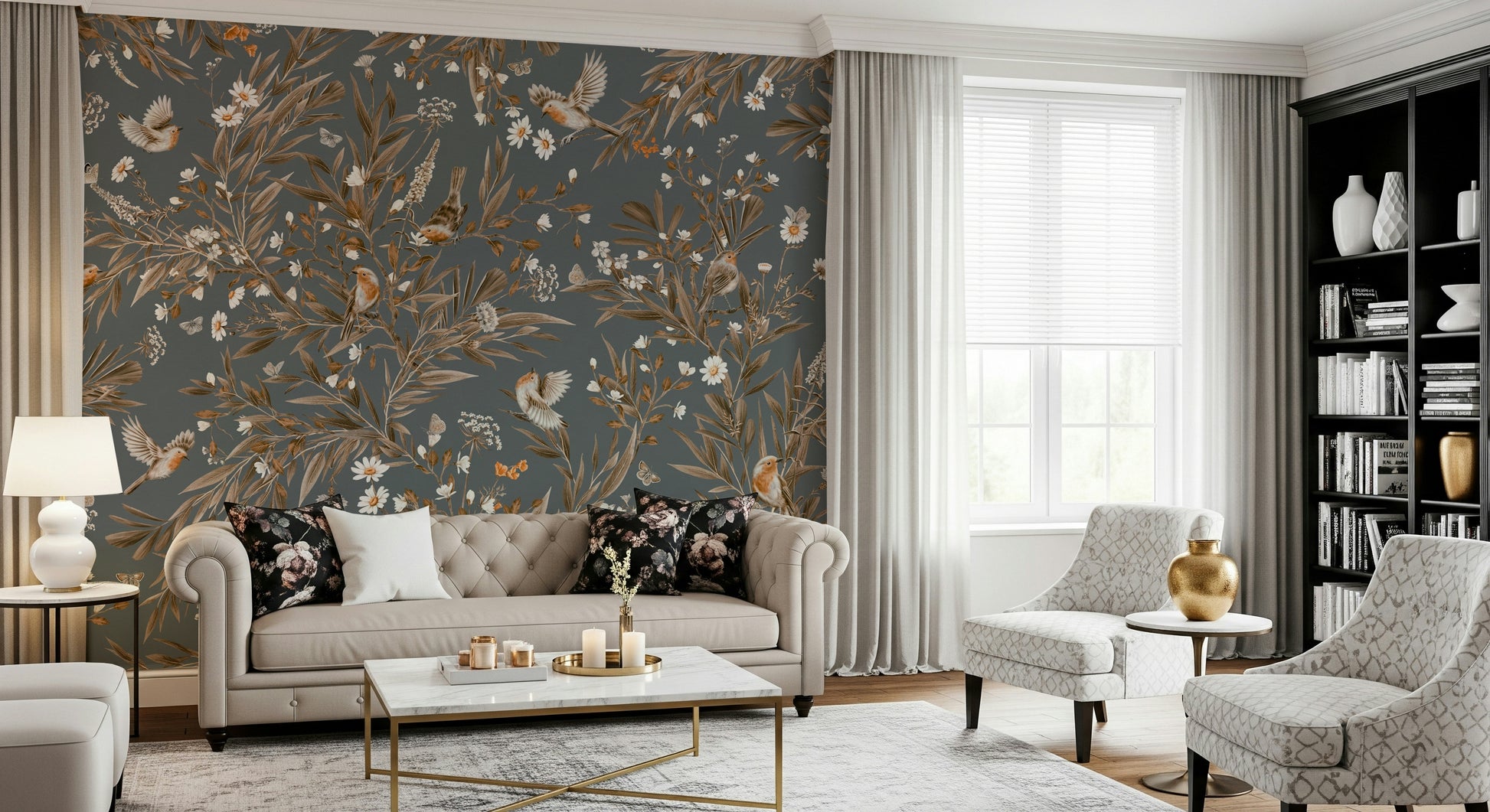 Sitting room with the harmonious Birds & Blooms Harmony Wall Mural backdrop.
