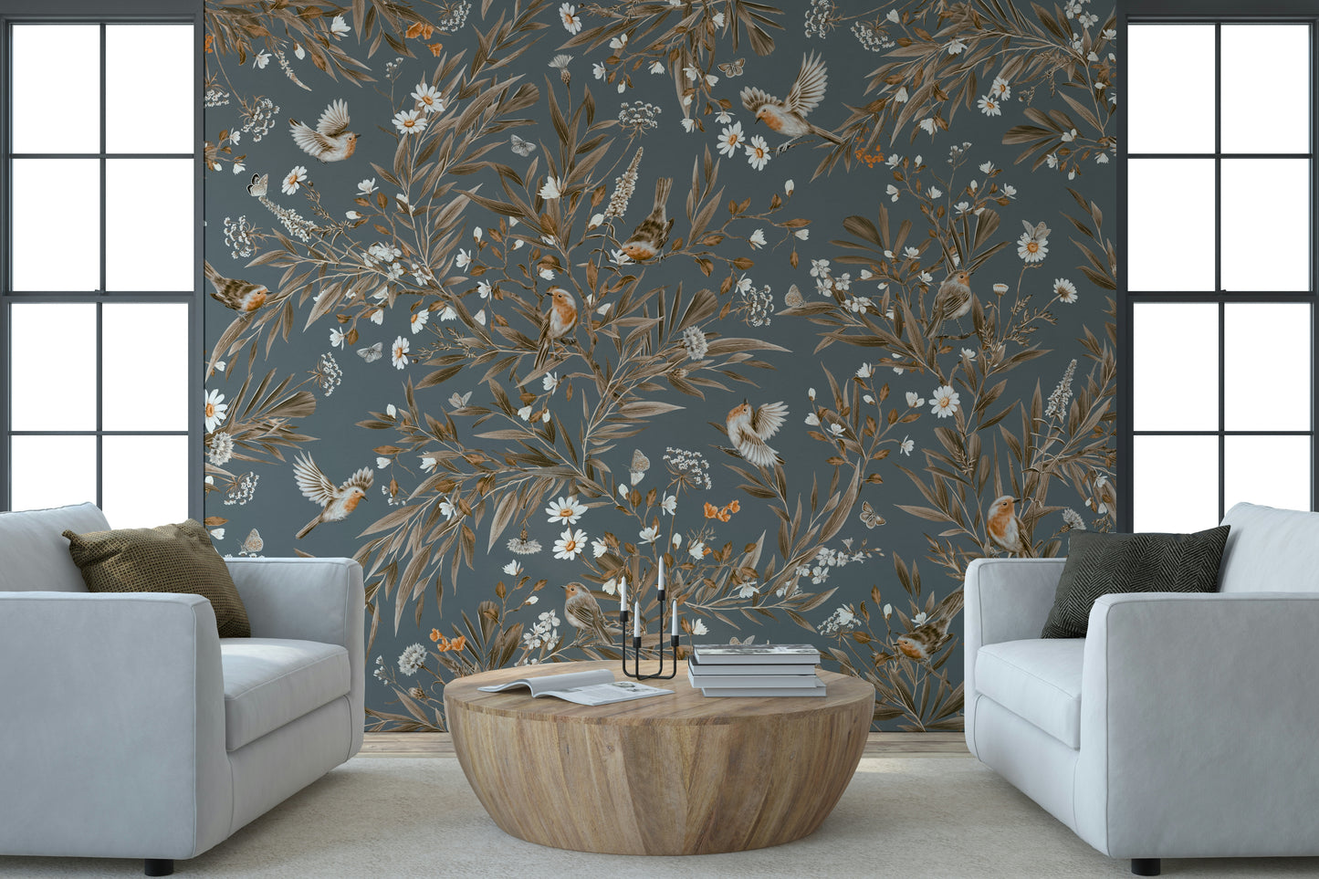 Horizontal design of the serene Birds & Blooms Harmony Wall Mural.