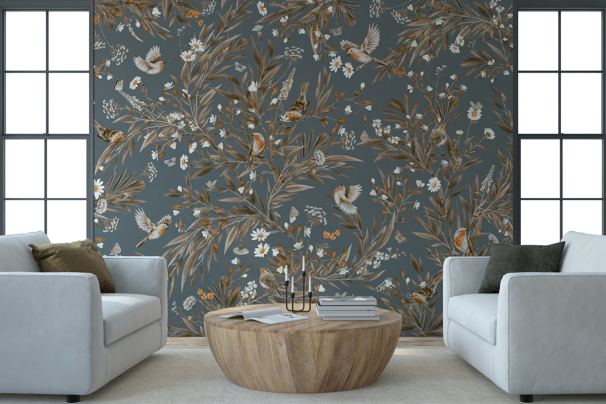 Horizontal design of the serene Birds & Blooms Harmony Wall Mural.