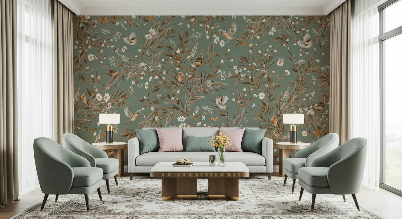 Bedroom feature wall, Birds & Blooms Symphony mural.
