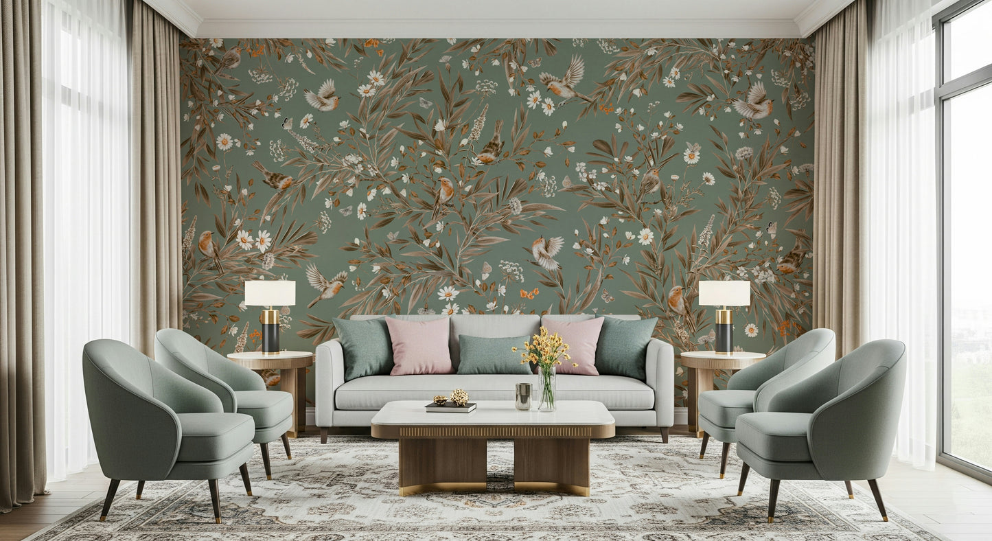 Bedroom feature wall, Birds & Blooms Symphony mural.