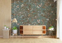 Birds & Blooms Symphony Wall Mural accent wall in a refined dining area.