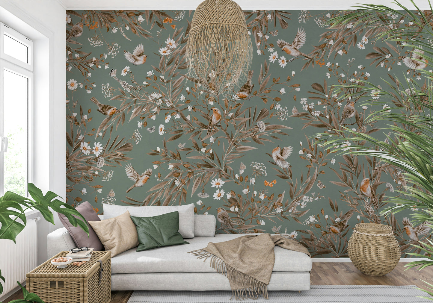 Subtle color palette of the beautiful Birds & Blooms Symphony Wall Mural design.