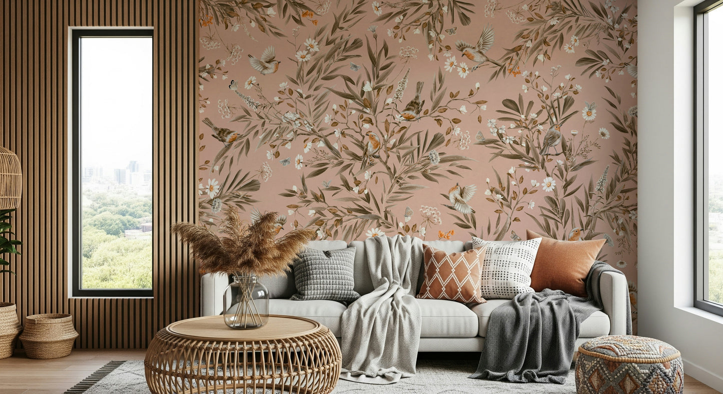 Sitting room with the serene Whispering Woods Wallpaper Wall Mural backdrop.