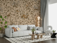 Muted earth tone branches Forest Slumber Wallpaper Wall Mural framing a beautiful mirror.