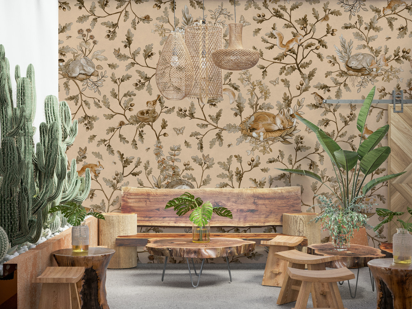 Forest Slumber Wallpaper Wall Mural tranquil woodland design living room space.