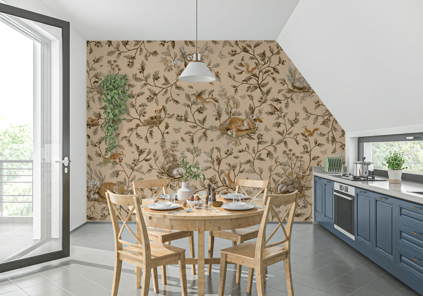Calming soft green tone pattern Forest Slumber Wallpaper Wall Mural enhancing a peaceful area.