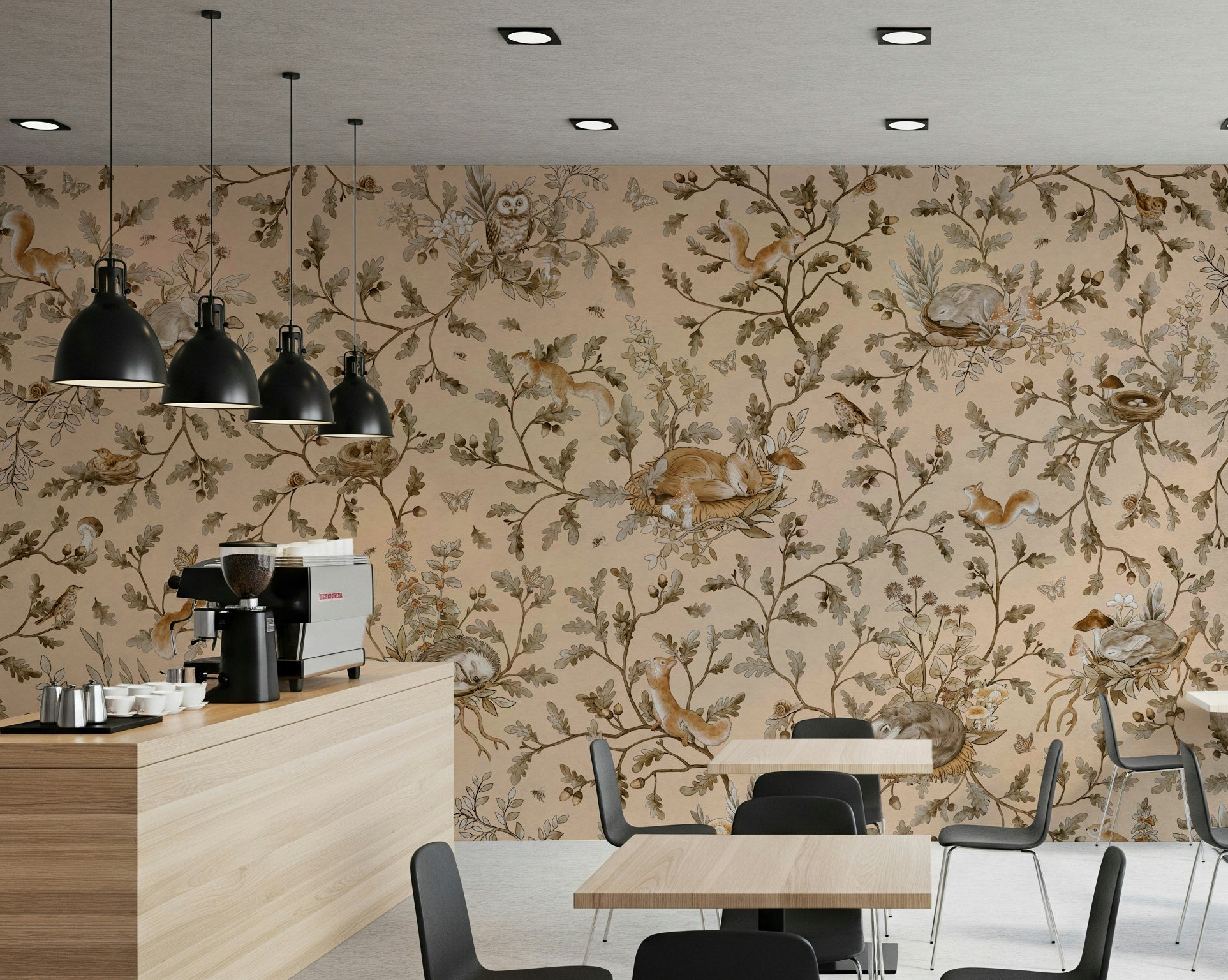 Dreamy muted forest landscape Forest Slumber Wallpaper Wall Mural modern bedroom feature.