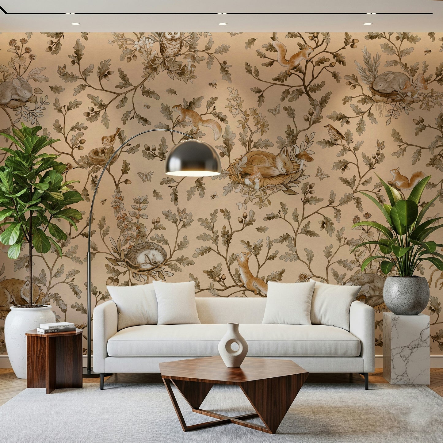 Serene natural motif Forest Slumber Wallpaper Wall Mural applied in a relaxing study.