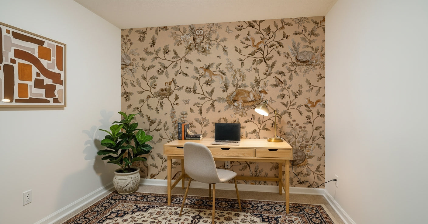 Peaceful tree silhouette Forest Slumber Wallpaper Wall Mural used behind a cozy bed.