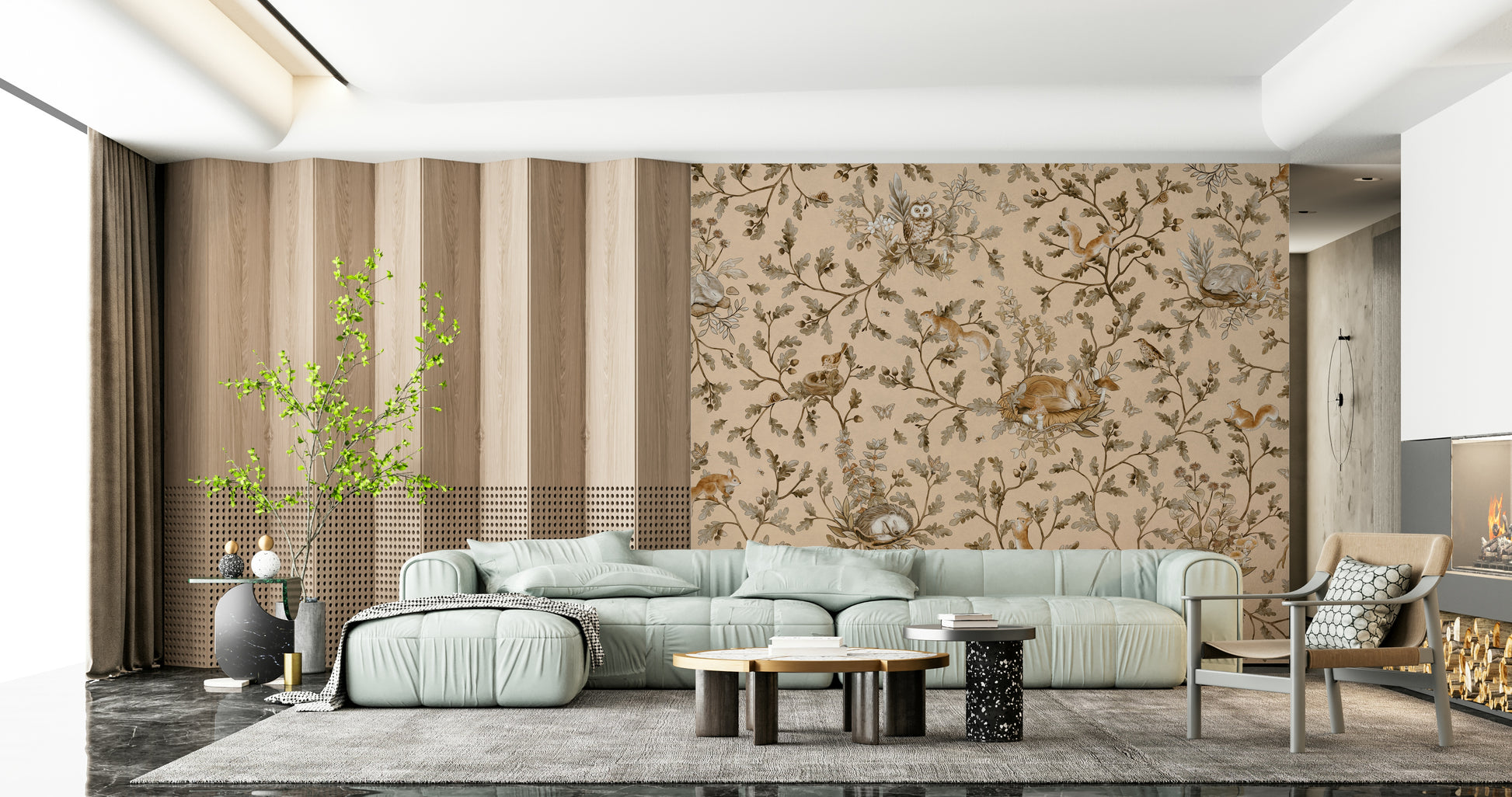 Designer nature print style Forest Slumber Wallpaper Wall Mural installed in a dining space.
