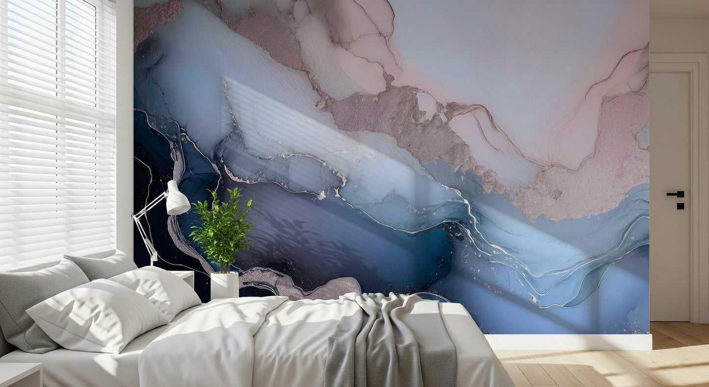 Designer bathroom displaying the unique Mystic Mineral Layers Blue Wall Mural.