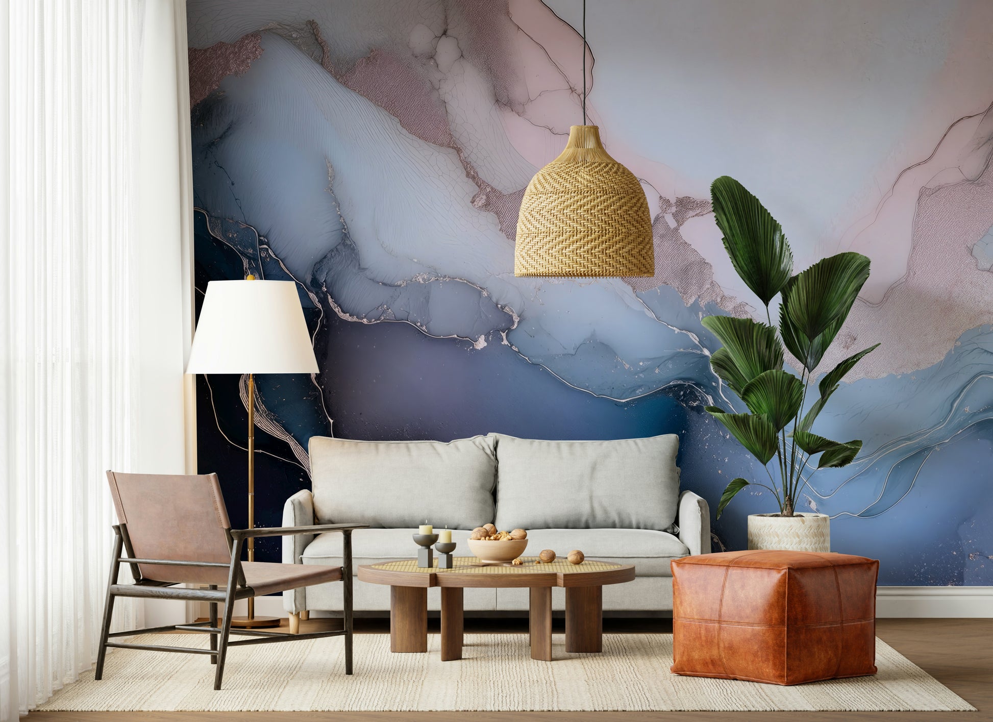 Home office decor using the artistic Mystic Mineral Layers Blue Wall Mural design.