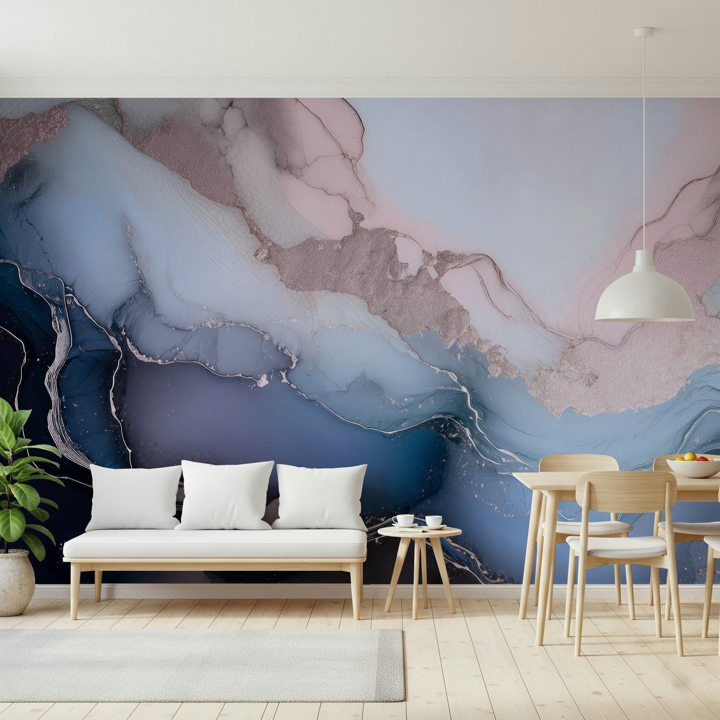 Modern living room featuring the beautiful Mystic Mineral Layers Blue Wall Mural.