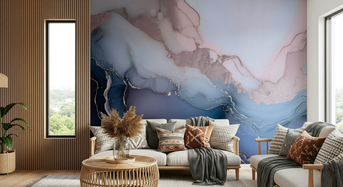 Artistic render of the Mystic Mineral Layers Blue Wall Mural in a stylish foyer.